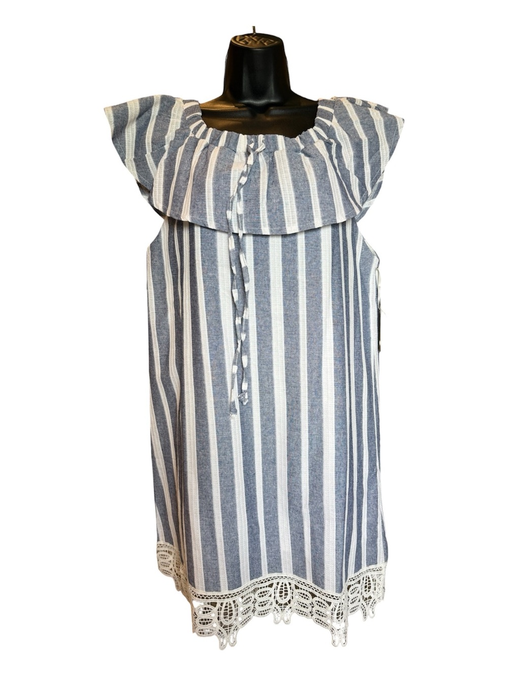 Go Coco Blue and White Striped Ruffle Dress with Lace Trim